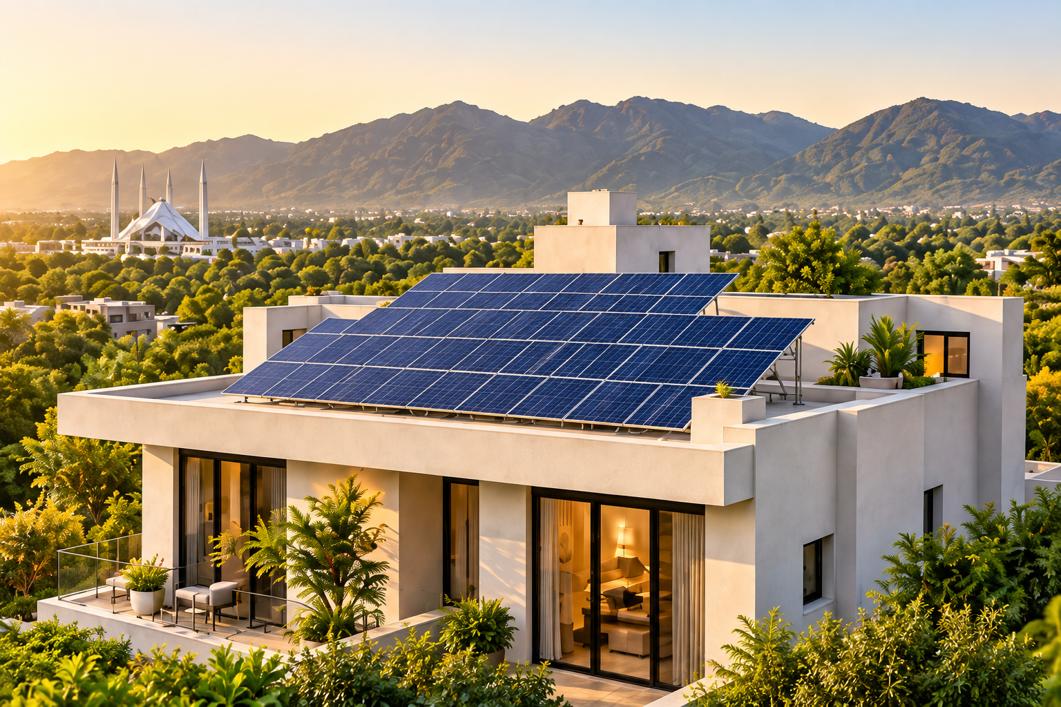 Illustrative home solar installation in warm sunlight
